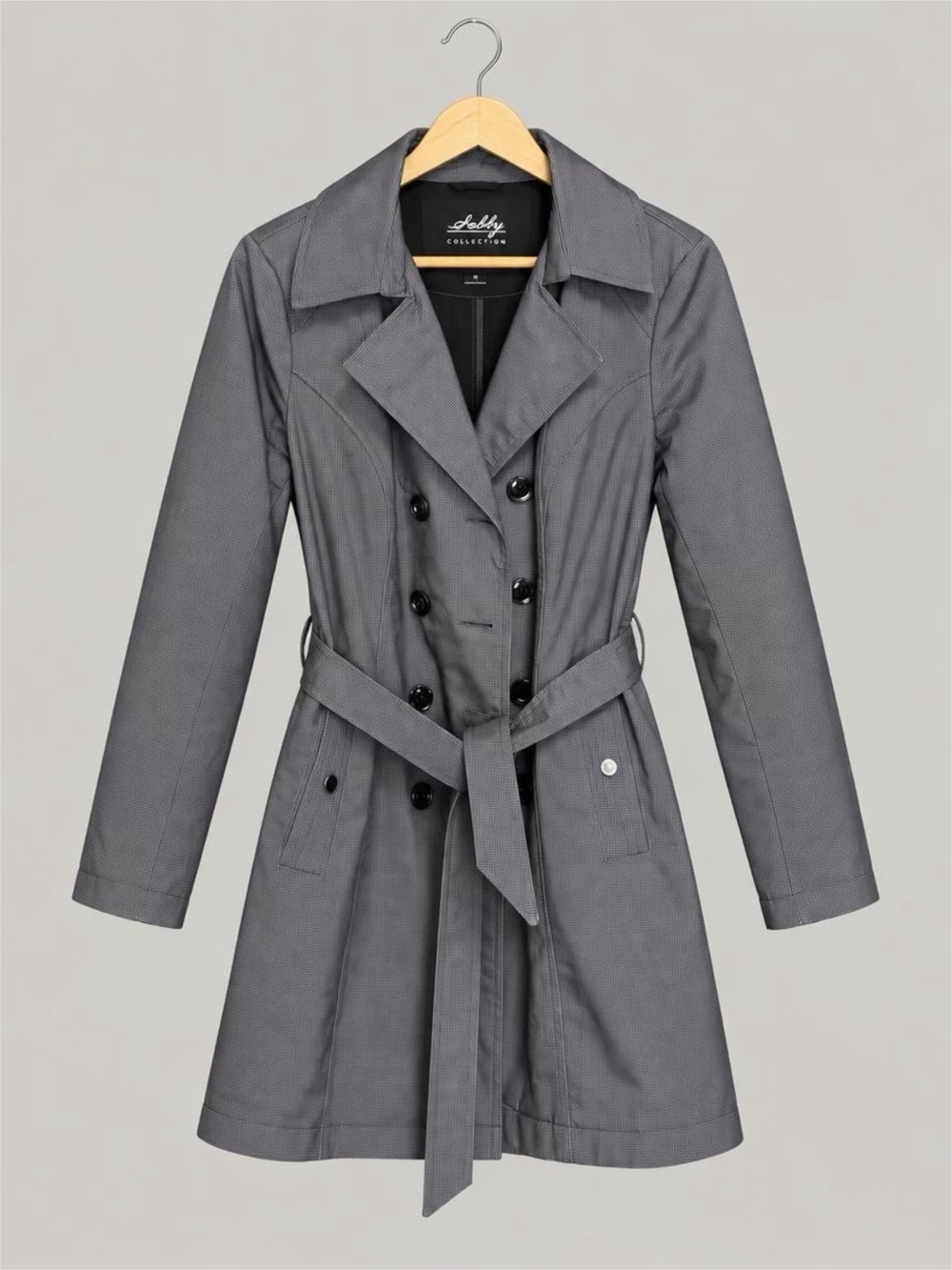 Sebby Gray Double-Breasted Trench Coat with Waist Tie